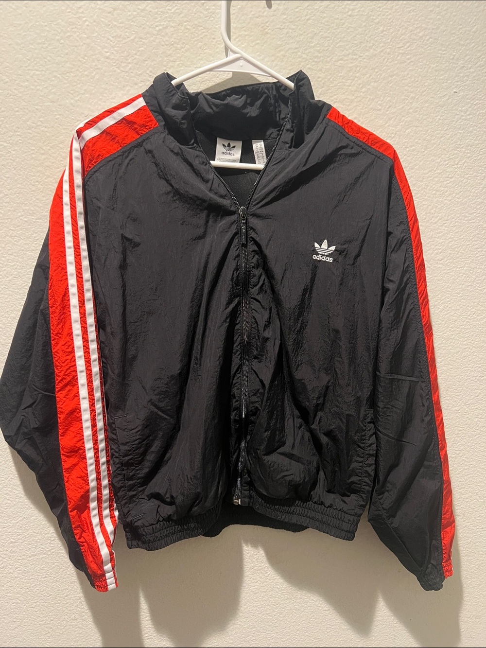Adidas womens Black Jacket with Red & White Stripe Detail